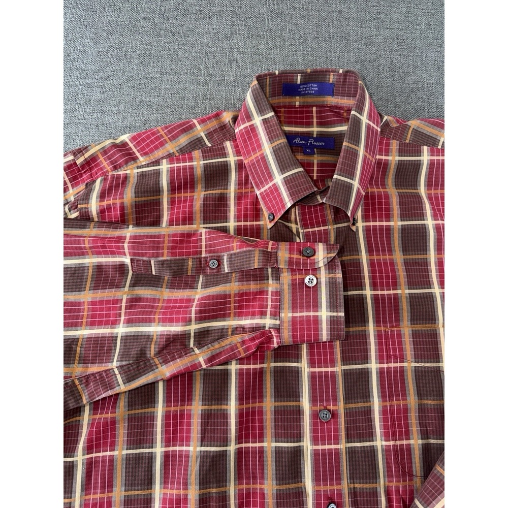 Alan Flusser XL Button Up Shirt Red Plaid‎ Long Sleeve 100% Cotton Men's